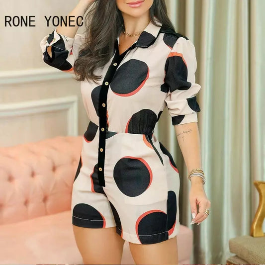 Women Polkadot Print Colorblock Button Front Romper Casual Summer Romper Women Jumpsuits.