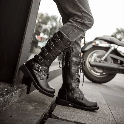 Large Size 38-46 Men's PU Leather Motorcycle Boots Mid-calf Breathable Combat Boots Gothic Belt Punk Boots Men Rock Punk Shoes