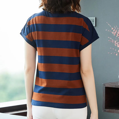 Cotton Black Striped Women Summer Loose T-Shirts.