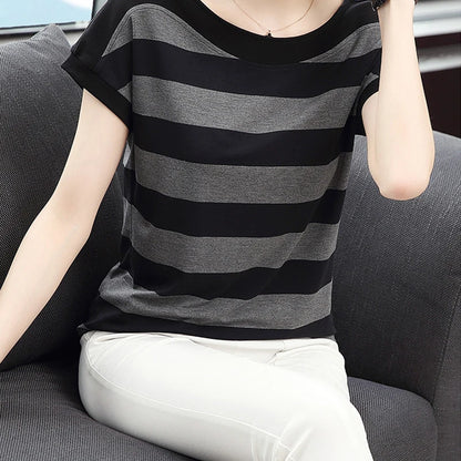 Cotton Black Striped Women Summer Loose T-Shirts.