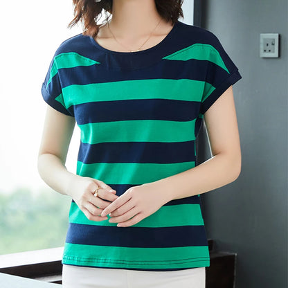 Cotton Black Striped Women Summer Loose T-Shirts.