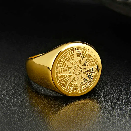 Mens Compass Ring Gold Stainless Steel fashion Navigator Jewelry for Men