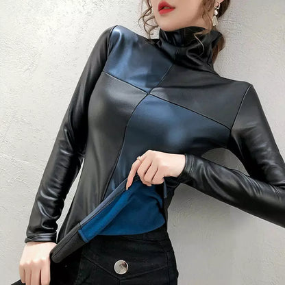 Womens Fashion Oversized Turtleneck Blouse Patchwork Plaid Slim Pullovers PU Leather Shirt Women Warm Velvet Elastic Ladies Tops.