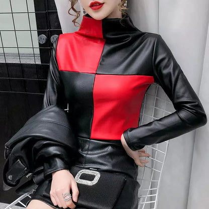 Womens Fashion Oversized Turtleneck Blouse Patchwork Plaid Slim Pullovers PU Leather Shirt Women Warm Velvet Elastic Ladies Tops. At www.kmsinmotion.com