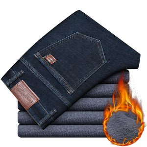 2023 Winter New Men's Warm Jeans Business Fashion Classic Style Black Blue Denim Straight Fleece Thick Pants Male Brand Trousers.