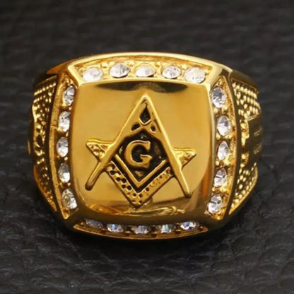 New Arrival Bling CZ Crystal Men Rings With Freemason Masonic Free Mason Signet 316L Stainless Steel Gold Color Jewelry For Men.