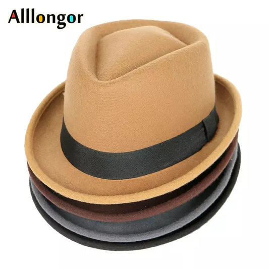 Fedoras Women Wool Fedora Hat Men Jazz Panama Solid Black Vintage Trilby Hat Felt Top Hat caps.