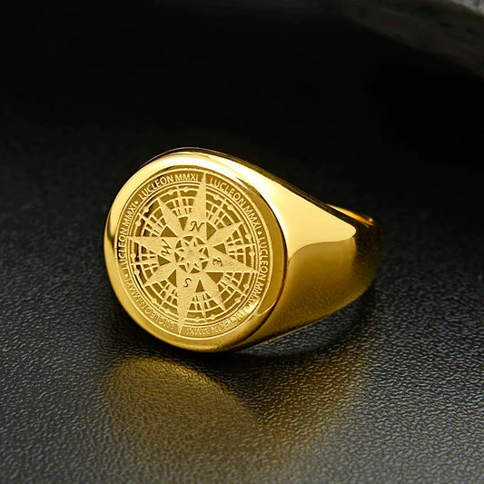 Mens Compass Ring Gold Stainless Steel fashion Navigator Jewelry for Men