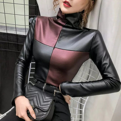 Womens Fashion Oversized Turtleneck Blouse Patchwork Plaid Slim Pullovers PU Leather Shirt Women Warm Velvet Elastic Ladies Tops.