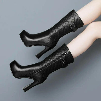 Genuine leather Boots Woman Mid Calf Boot Slim Women Winter Shoes Plush Lining Square Heel Footware Female BLACK PLATFORMS.