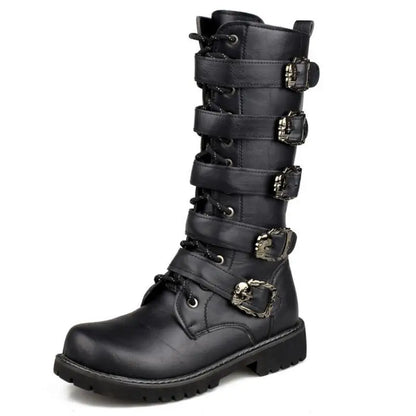 Large Size 38-46 Men's PU Leather Motorcycle Boots Mid-calf Breathable Combat Boots Gothic Belt Punk Boots Men Rock Punk Shoes