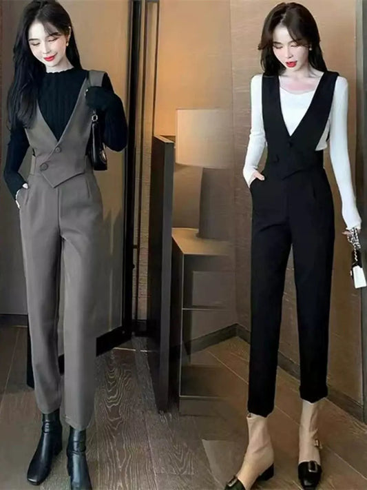 Fancy Slim Looking Cropped Harem Suit Suspender Pants