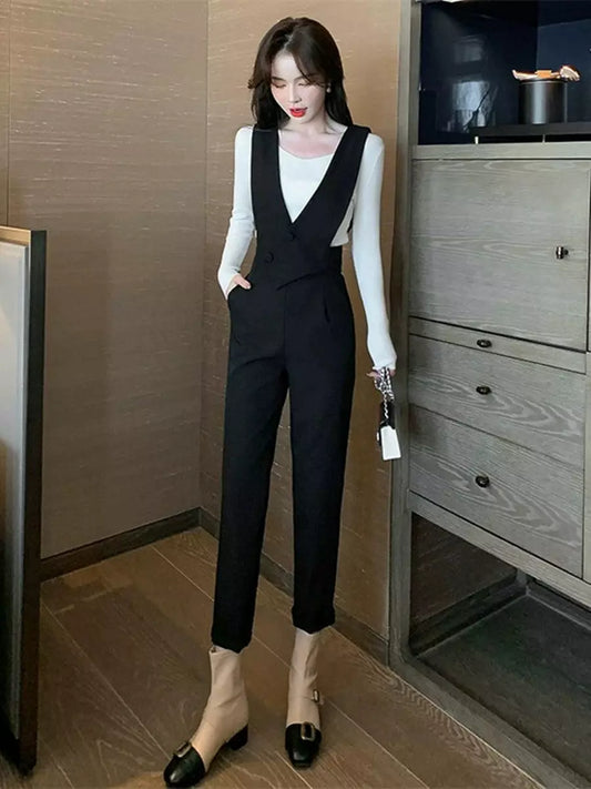 Fancy Slim Looking Cropped Harem Suit Suspender Pants