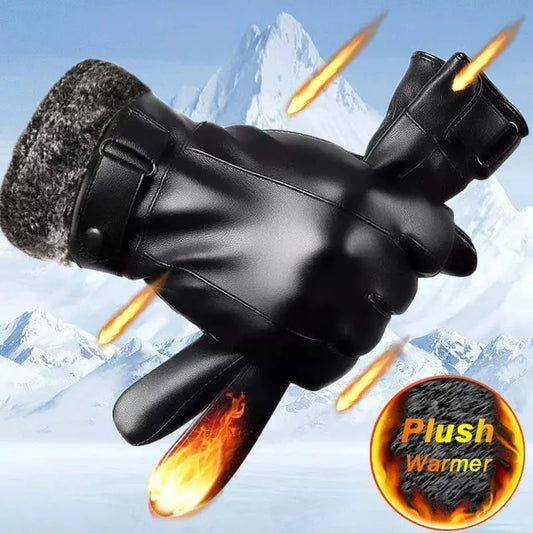 Fleece Leather Gloves Men's Winter Autumn PU Linings Cashmere Warm Sports Male Driving Mittens Waterproof Tactical Glove Guantes.