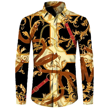 Luxury Golden Flower Chain 3D Print Men Long Sleeve Shirt .