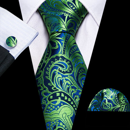 Barry.Wang Green Men Tie Wedding Silk Solid Necktie Pocket Square Cufflinks Sets New Suit High Quality Party Business Designer