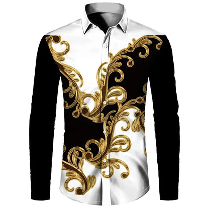 Luxury Golden Flower Chain 3D Print Men Long Sleeve Shirt .