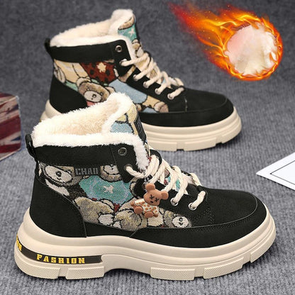 Men's Leather Shoes Winter Fashion Plush Warm Shoes Outdoor Sneakers Lace Up Non-Slip Ankle Boots.