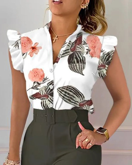 Casual V Neck Floral Print Shirt Blouse Office Lady.