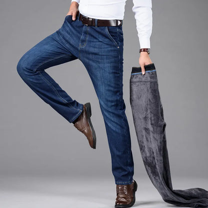 Classic Style Winter Men's Warm Business Jeans Fashion Casual Denim Stretch Cotton Thick Fleece Denim Pants Male Brand Trousers.