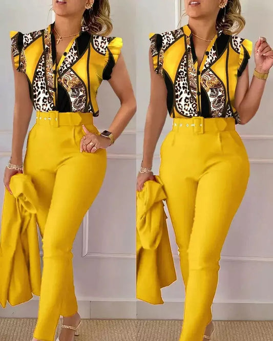 Summer Fashion Print 2 Piece Set Women Casual Button Flying Sleeve Shirt Pants Suits Female V-Neck Top High Waist Pants Outifits.