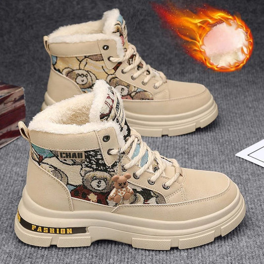 Fashion Plush Warm Shoes Outdoor Sneakers Lace Up Non-Slip Ankle Boots.