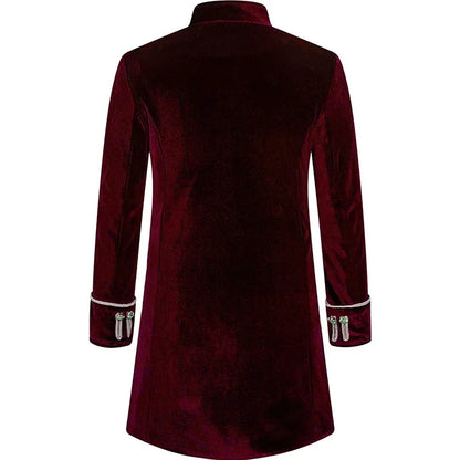 Men Steampunk Gothic Victorian Jacket Vintage Wine Red Velvet Tailcoat.