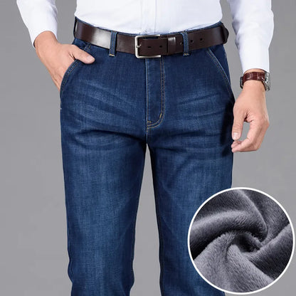  Denim Stretch Cotton Thick Fleece Denim Pants Male Brand Trousers.