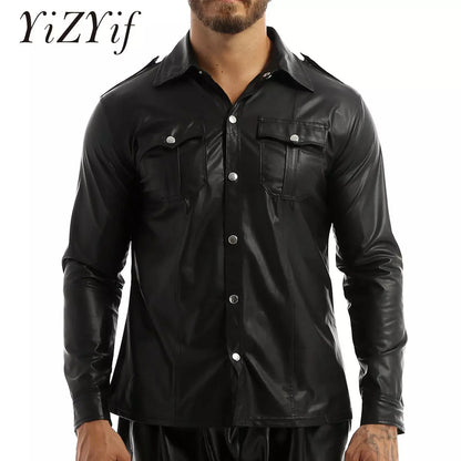 Fashion Nightclub Wear Men Men's Dress Shirts Trend Wet Look Patent Leather Long Sleeve Slim Fit T-shirt Top Coat Cosplay.