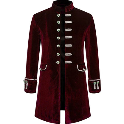 Men Steampunk Gothic Victorian Jacket Vintage Wine Red Velvet Tailcoat.