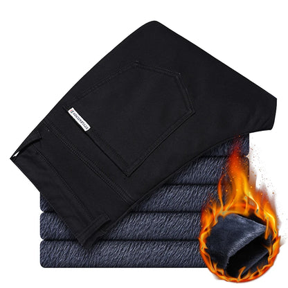 2022 Winter New Men's Warm Thick Casual Pants Business Fashion Black Blue Stretch Fleece Office Slim Trousers Male Brand.