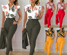 Cargar imagen en el visor de la galería, Summer Fashion Print 2 Piece Set Women Casual Button Flying Sleeve Shirt Pants Suits Female V-Neck Top High Waist Pants Outifits.
