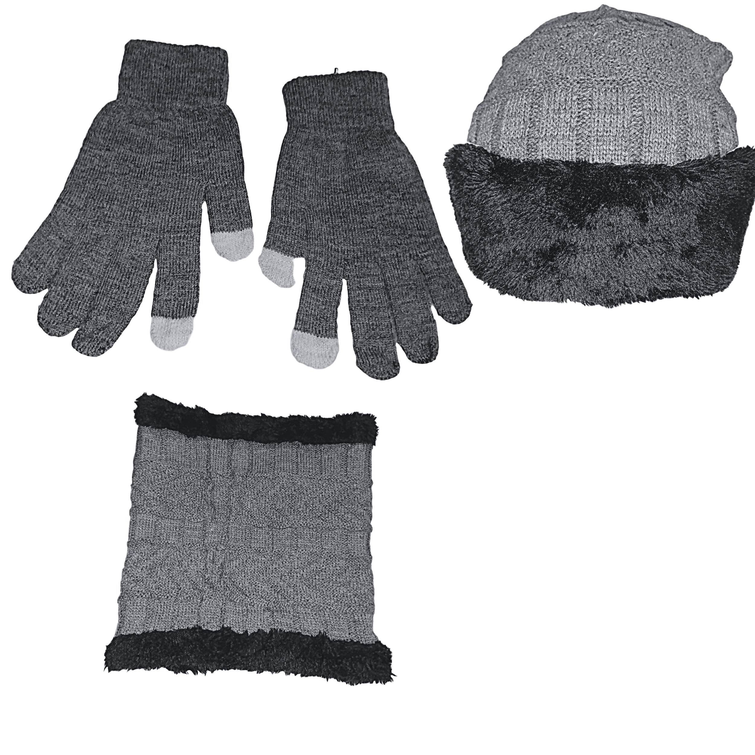 Gray Beanie hat+gloves+neck warmer kit