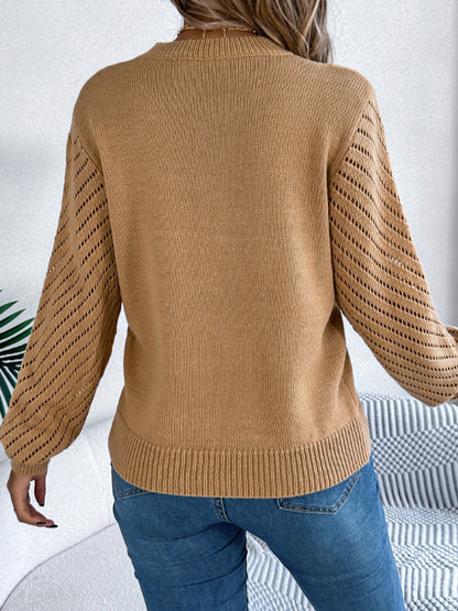 Openwork Round Neck Long Sleeve Knit Top