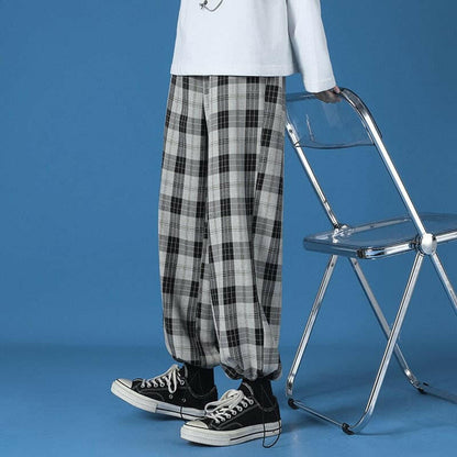 Men New  Polyester Loose Japan Harajuku style Grid Wide Pants Men Casual Drawstring Elastic Leg opening Ankle Length Pants Men.