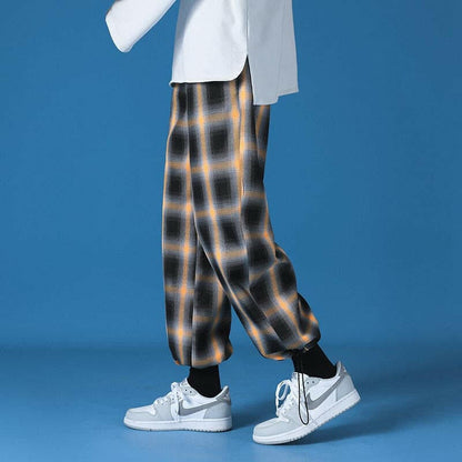 Men New  Polyester Loose Japan Harajuku style Grid Wide Pants Men Casual Drawstring Elastic Leg opening Ankle Length Pants Men.