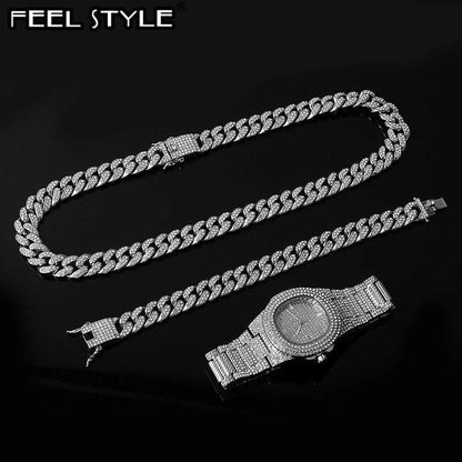 Necklace +Watch+Bracelet Hip Hop Miami Curb Cuban Chain Gold Plated Full Iced Out Paved Rhinestones CZ Bling For Men Jewelry.