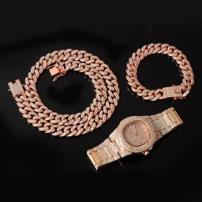 Necklace +Watch+Bracelet Hip Hop Miami Curb Cuban Chain Gold Plated Full Iced Out Paved Rhinestones CZ Bling For Men Jewelry.