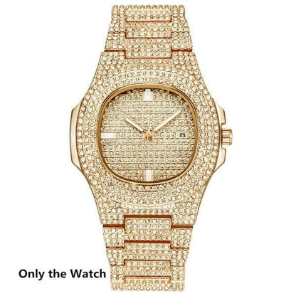 Necklace +Watch+Bracelet Hip Hop Miami Curb Cuban Chain Gold Plated Full Iced Out Paved Rhinestones CZ Bling For Men Jewelry.