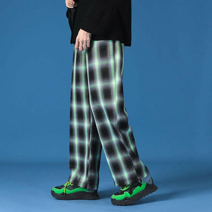 Men New  Polyester Loose Japan Harajuku style Grid Wide Pants Men Casual Drawstring Elastic Leg opening Ankle Length Pants Men.