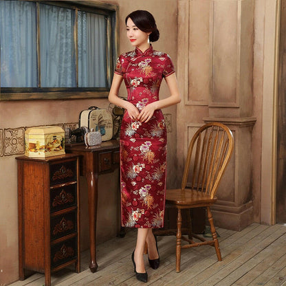 New High Fashion Green Rayon Cheongsam Chinese Classic Women&#39;s Qipao Elegant Short Sleeve Novelty Long Dress S-3XL C0136-D.