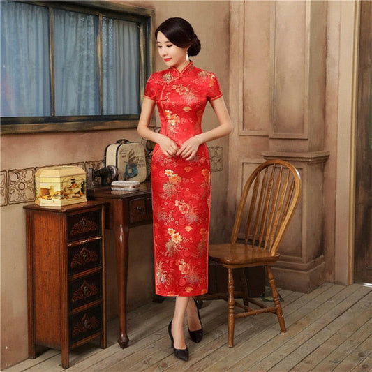 New High Fashion Green Rayon Cheongsam Chinese Classic Women&#39;s Qipao Elegant Short Sleeve Novelty Long Dress S-3XL C0136-D.