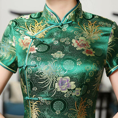 New High Fashion Green Rayon Cheongsam Chinese Classic Women&#39;s Qipao Elegant Short Sleeve Novelty Long Dress S-3XL C0136-D.