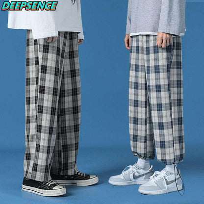 Men New  Polyester Loose Japan Harajuku style Grid Wide Pants Men Casual Drawstring Elastic Leg opening Ankle Length Pants Men.