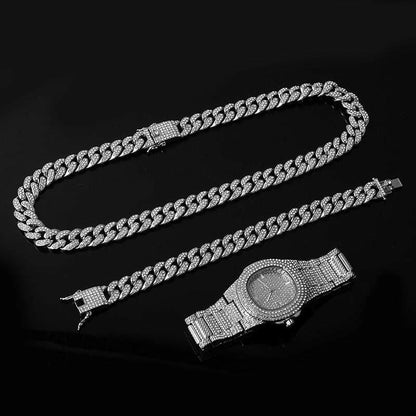 Necklace +Watch+Bracelet Hip Hop Miami Curb Cuban Chain Gold Plated Full Iced Out Paved Rhinestones CZ Bling For Men Jewelry.