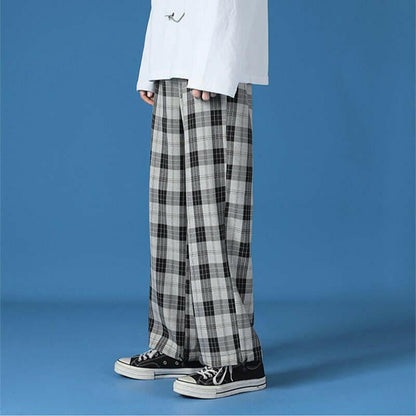 Men New  Polyester Loose Japan Harajuku style Grid Wide Pants Men Casual Drawstring Elastic Leg opening Ankle Length Pants Men.