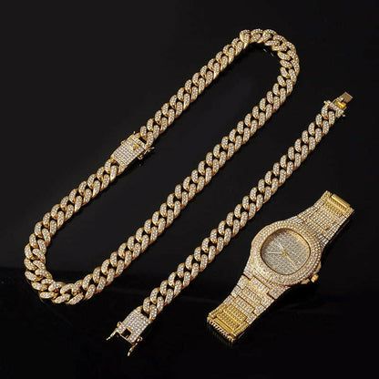 Necklace +Watch+Bracelet Hip Hop Miami Curb Cuban Chain Gold Plated Full Iced Out Paved Rhinestones CZ Bling For Men Jewelry.