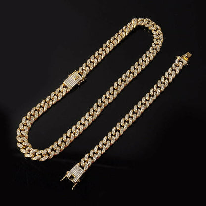 Necklace +Watch+Bracelet Hip Hop Miami Curb Cuban Chain Gold Plated Full Iced Out Paved Rhinestones CZ Bling For Men Jewelry.