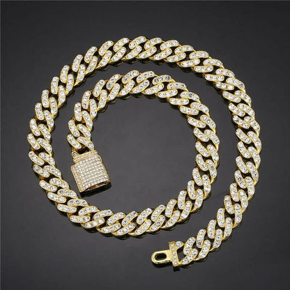 Necklace +Watch+Bracelet Hip Hop Miami Curb Cuban Chain Gold Plated Full Iced Out Paved Rhinestones CZ Bling For Men Jewelry.